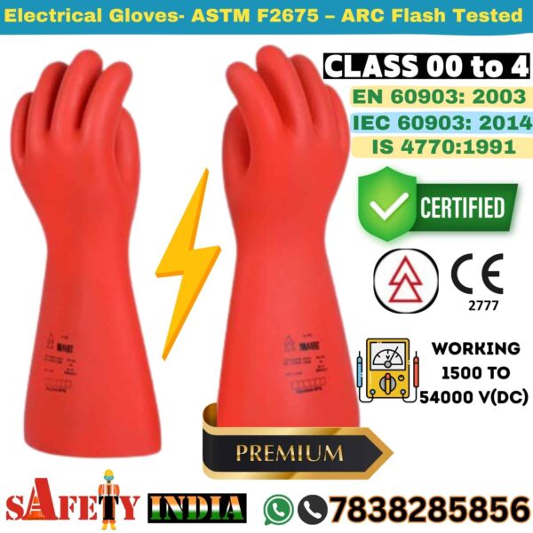 Close-up of red Electrical Gloves Class 00, 0, 1, 2, 3 & 4, showcasing their rubber insulating gloves texture and shock proof gloves design, certified to IEC 60903, EN 60903, CE Category III, IS 4770:1991, and ASTM F2675 for electrical safety gloves up to 36,000V.