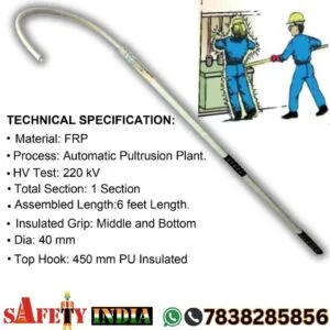 Electrical Rescue Rod, specification table and image for the RESQ Insulated FRP Rescue Rod, detailing material, process, HV test, total section length, assembled length, grip, and dimensions, with a visual of the rescue rod and hook.