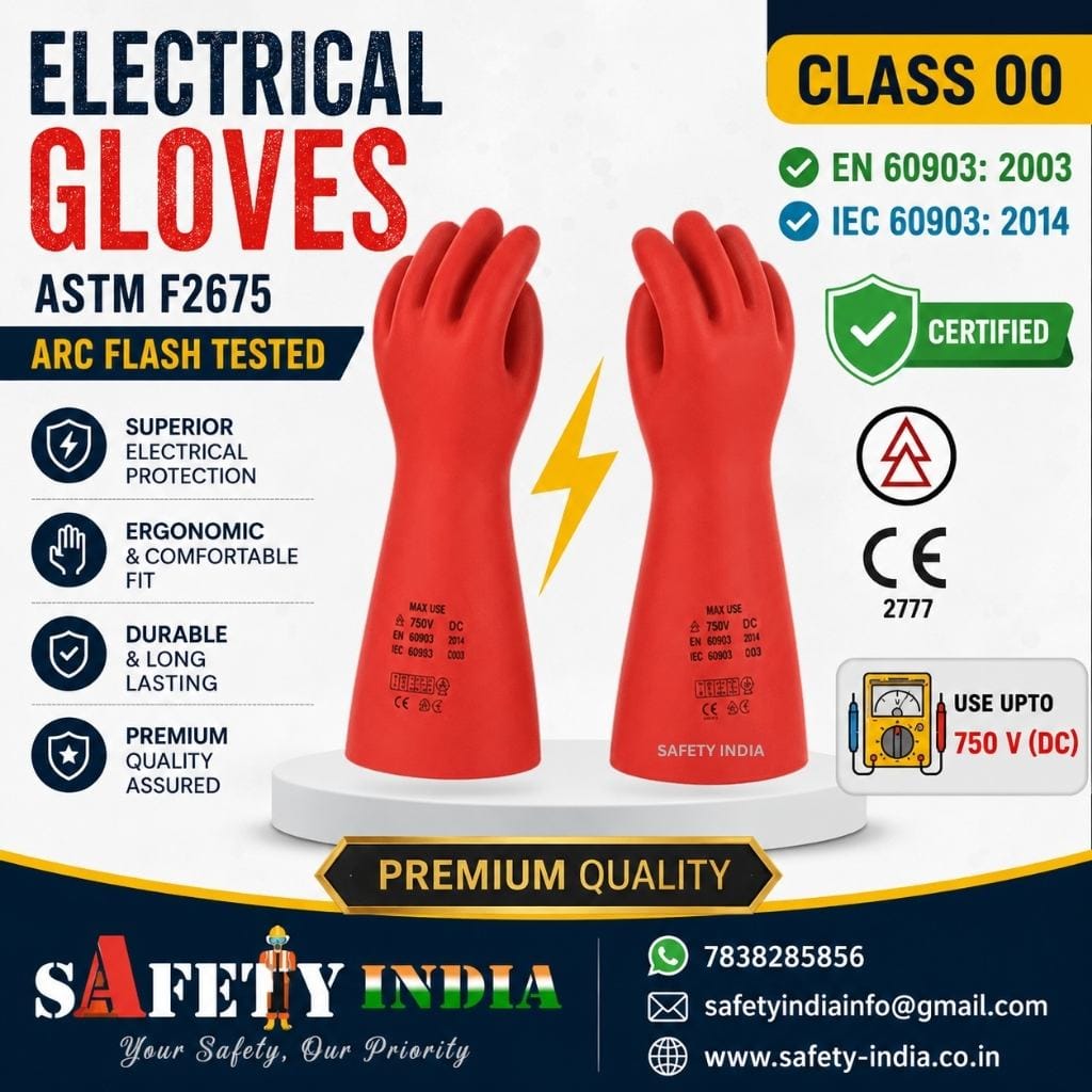 Certified Class 00 Electrical Rubber Gloves for 220V & 440V Electrical Work – ASTM F2675 ARC Flash Tested Safety Gloves by Safety India