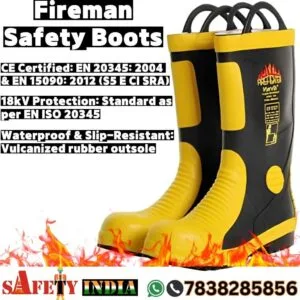 Fireman Shoes, showcasing black and yellow Firefighter Station Boots with a vulcanized rubber outsole, designed for heat resistance and fire suppression.