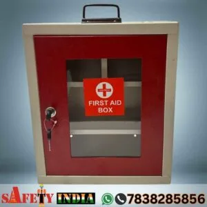 First Aid Boxes with specifications: a 10 x 10 x 5 inch box and an 11 x 11 x 3 inch box, both wall-mounted, featuring white-red glossy powder coating, polycarbonate visors, and multiple sections for organized storage of first aid items."