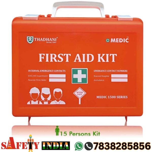 First Aid Kit- Thadhani Medic 1500 Series, Thadhani Medic 1500 Series First Aid Kit for 15 Persons, featuring a high-visibility orange case made of durable HDPE material, with transparent plastic packs, a practical handle, and a content list including items like antiseptic wipes, gauze pads, and burn gel, compliant with ANSI/OSHA Z308.1-2015 standards.
