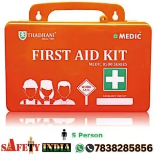 Thadhani Medic 500 Series First Aid Kit for 5 Persons, featuring a high-visibility orange hard medical-grade polymer case with gasket for air & water resistance, inbuilt mounting holes, and a content list including items like gauze pads, antiseptic cream, and a CPR mask, compliant with ANSI Type III standards.