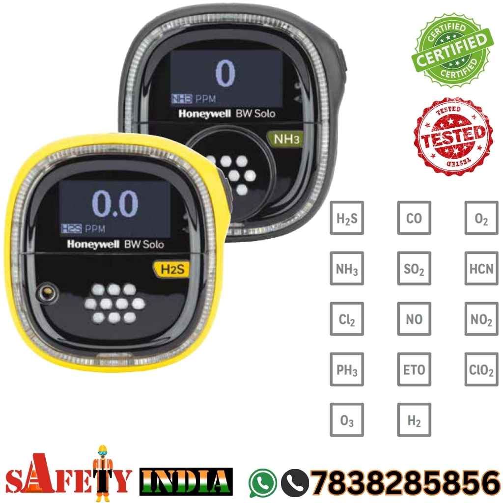 A compact Honeywell BW Solo Single Gas Leak Detector displayed against a white background, showcasing its sleek black and yellow design. The portable gas detector features a clear LCD screen displaying real-time gas concentrations for gases like hydrogen sulfide (H₂S), carbon monoxide (CO), ammonia (NH₃), and oxygen (O₂). With an IP66/68 rating for dust and water resistance, this gas safety device includes a one-button interface and visible alarm indicators, ideal for detecting combustible gases (LEL including methane CH₄) and exotic gases like ozone (O₃) and phosphine (PH₃) in industrial safety applications.