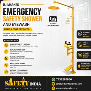 ISI Marked Emergency Safety Shower and Eyewash Station with hand and foot operated system, stainless steel material, dual eye wash fountain, industrial emergency shower unit by Safety India.