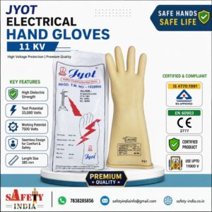 Jyot 11KV Electrical Hand Gloves manufactured in India certified as per IS 4770:1991 EN 60903 CE standard for high voltage electrical safety by Safety India