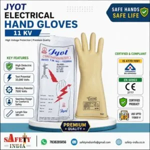 Jyot 11KV Electrical Hand Gloves manufactured in India certified as per IS 4770:1991 EN 60903 CE standard for high voltage electrical safety by Safety India