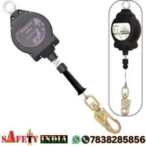 Karam PCGS10, Retractable Fall Arrester, A black RESQ Toplift Retractable Fall Arrester Block (RFA 10 MTR) with a red and white label, displaying specifications such as a 10-meter wire length, 4.5 mm wire diameter, and 2025 manufacturing year, equipped with a carabiner for secure attachment in fall protection systems.