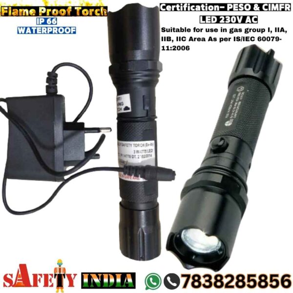 Flame Proof Torch, Specification table for a Rechargeable Flameproof LED Safety Torch, detailing enclosure, protection, area classification, surface temperature, certification, special instructions, type, and material.
