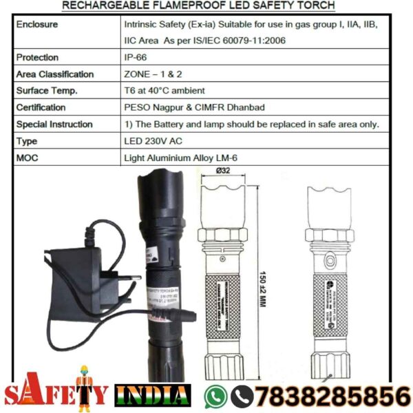 Specification table for a Rechargeable Flameproof LED Safety Torch, detailing enclosure, protection, area classification, surface temperature, certification, special instructions, type, and material.