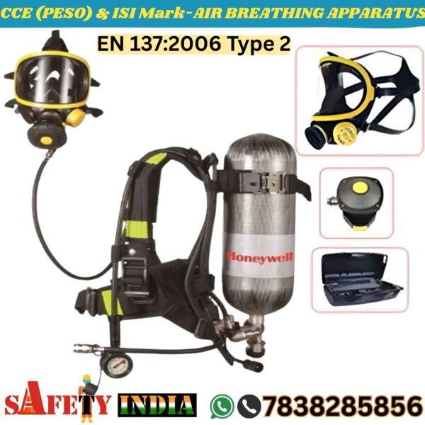 A Honeywell T8000 Self Contained Breathing Apparatus (SCBA) displayed against a white background, showcasing its robust black and yellow design. The breathing apparatus SCBA features a 6.8L 300 bar SCBA cylinder with CCE (PESO) and ISI Mark, a Pano full-face mask with a polycarbonate visor, and a non-metallic self-extinguishable backplate. Equipped with a Nomex/Kevlar harness, flexible demand valve, and high-pressure gauge, this SCBA firefighter device ensures reliable SCBA air for firefighting and industrial SCBA applications in hazardous environments.
