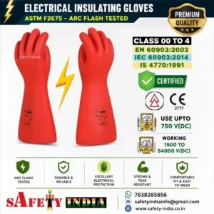 Safety India Electrical Insulating Gloves Class 00 to 4 – Arc Flash Tested Rubber Electrical Safety Hand Gloves for Electricians, ASTM F2675 Certified, Manufactured in India with Pan India Delivery