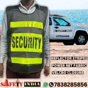 Safety Jacket Reflective with yellow reflective strips and Velcro closure, designed for traffic, construction, and sea patrolling.