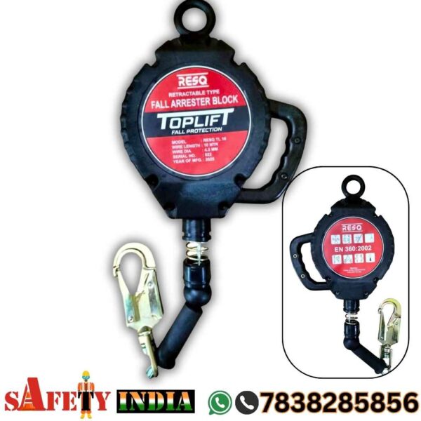Self Retracting Lifeline, A black RESQ Toplift Retractable Fall Arrester Block (RFA 10 MTR) with a red and white label, displaying specifications such as a 10-meter wire length, 4.5 mm wire diameter, and 2025 manufacturing year, equipped with a carabiner for secure attachment in fall protection systems.