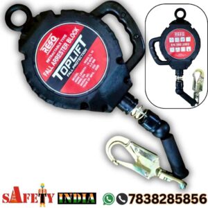 Self Retracting Lifeline, A black RESQ Toplift Retractable Fall Arrester Block (RFA 10 MTR) with a red and white label, displaying specifications such as a 10-meter wire length, 4.5 mm wire diameter, and 2025 manufacturing year, equipped with a carabiner for secure attachment in fall protection systems.
