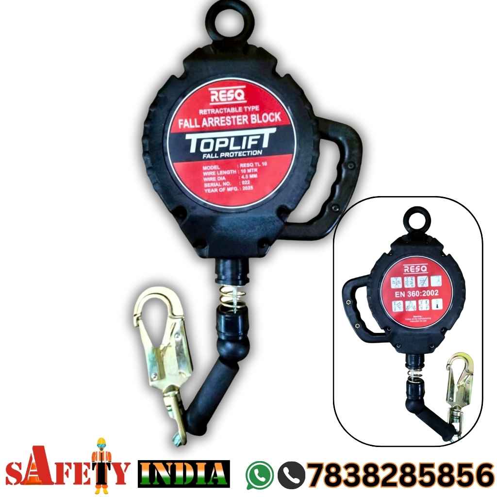 Self Retracting Lifeline, A black RESQ Toplift Retractable Fall Arrester Block (RFA 10 MTR) with a red and white label, displaying specifications such as a 10-meter wire length, 4.5 mm wire diameter, and 2025 manufacturing year, equipped with a carabiner for secure attachment in fall protection systems.
