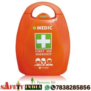 Thadhani MEDIC MIKROKIT FIRSTAID Small First Aid Kit for 1 Person, featuring a high-visibility orange case measuring 14 x 10.5 x 3.7 cm, with a content list including wound cleaning antiseptic wipes, adhesive bandages, gauze pads, and triangular bandages, compliant with ANSI/OSHA Z308.1-2015 standards."