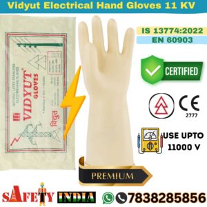 Close-up of yellow Vidyut Gloves, showcasing their rubber insulating gloves texture and electric shock resistant gloves design, certified to IS 13774:2022, EN 60903, and CE Marking for Vidyut Electrical Gloves and Vidyut Electrical Hand Gloves up to 11,000V.