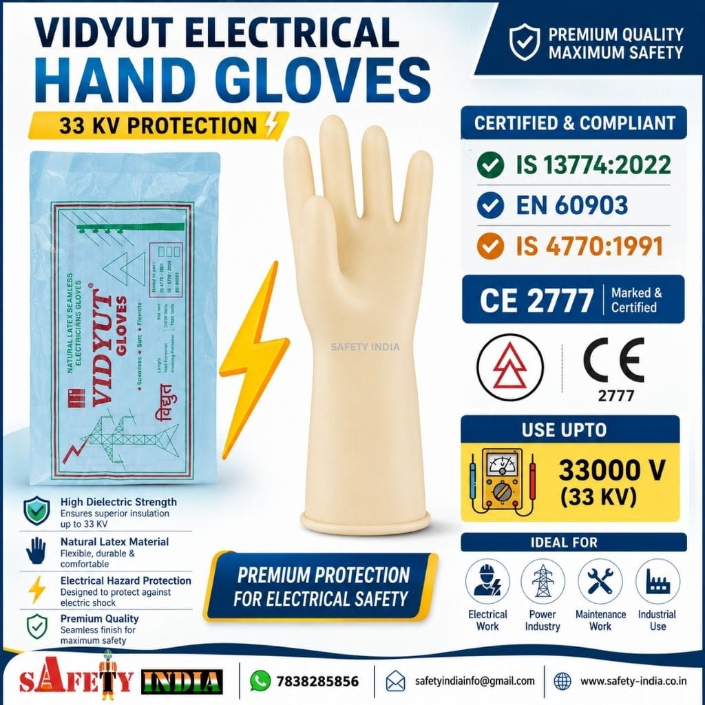 Vidyut 33KV electrical hand gloves by Safety India manufactured in India for high voltage electrical safety protection certified with IS 13774:2022 EN 60903 and CE 2777 standards.