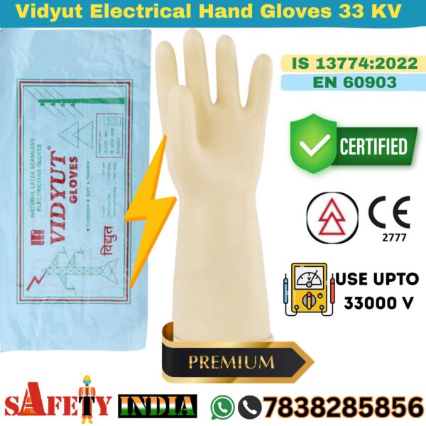 Close-up of yellow Vidyut Gloves, showcasing their rubber insulating gloves texture and electric shock resistant gloves design, certified to IS 13774:2022, EN 60903, and CE Marking for Vidyut Electrical Gloves and Vidyut Electrical Hand Gloves up to 11,000V.