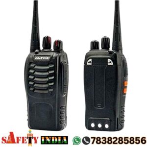 Two Baofeng BF-888S Walkie Talkies in packaging, showcasing long range two way radio features with accessories like chargers, antennas, and belt clips, ideal for security, events, and trekking in India.