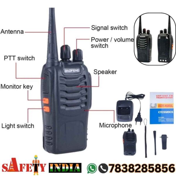 Two Baofeng BF-888S Walkie Talkies in packaging, showcasing long range two way radio features with accessories like chargers, antennas, and belt clips, ideal for security, events, and trekking in India.