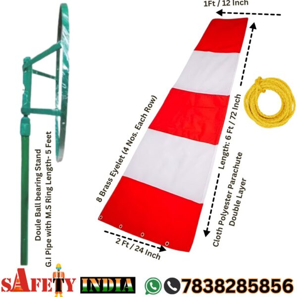 Premium Wind Sock with Pole kit featuring a 6-foot polyester parachute cloth windsock and a 5-foot G.I. pipe windsock pole with double ball bearing system, ideal for airport wind direction indicators and helipad windsocks.