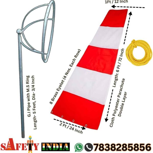 Premium Wind Sock with Pole kit featuring a 6-foot polyester parachute cloth windsock and a 5-foot G.I. pipe windsock pole with double ball bearing system, ideal for airport wind direction indicators and helipad windsocks.
