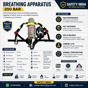 BA Set - SCBA Self Contained Breathing Apparatus with a 200 Bar SCBA Cylinder, featuring a full-face mask, demand valve, and ergonomic harness, certified by CCE (PESO) and ISI Mark, ideal for firefighting and industrial safety.