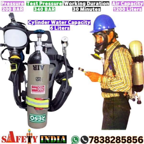 BA Set - SCBA Self Contained Breathing Apparatus with a 300 Bar SCBA Cylinder, featuring a full-face mask, demand valve, and ergonomic harness, certified by CCE (PESO) and ISI Mark, ideal for firefighting and industrial safety.