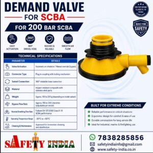 Demand valve specification table for a Rechargeable Flameproof LED Safety Torch, detailing enclosure, protection, area classification, surface temperature, certification, special instructions, type, and material