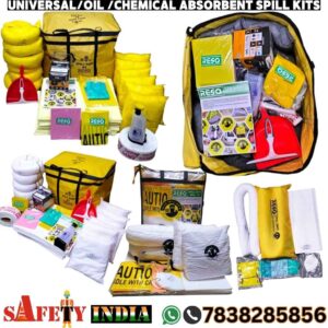 chemical spill kit with absorbent pads, PPE, and sorbent socks for hospital spill kit, laboratory spill kit, and industrial spill kit applications, designed for spill control of acids, bases, solvents, and hydrofluoric acid.