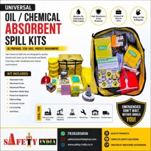chemical spill kit with absorbent pads, PPE, and sorbent socks for hospital spill kit, laboratory spill kit, and industrial spill kit applications, designed for spill control of acids, bases, solvents, and hydrofluoric acid.
