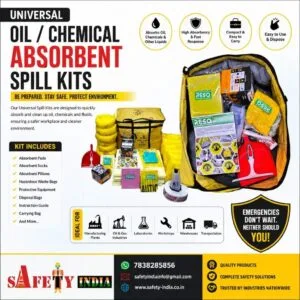 chemical spill kit with absorbent pads, PPE, and sorbent socks for hospital spill kit, laboratory spill kit, and industrial spill kit applications, designed for spill control of acids, bases, solvents, and hydrofluoric acid.