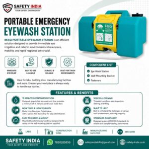 Portable Eye Wash Station with a 34-liter chemical-resistant translucent green water tank, yellow retractable tray, and black ABS sprinklers, mounted on a galvanized bracket for emergency eye wash, safety shower, and decontamination in industrial safety, chemical handling, and laboratory use environments.