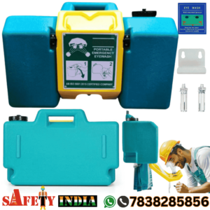 Portable Eye Wash Station with a 34-liter chemical-resistant translucent green water tank, yellow retractable tray, and black ABS sprinklers, mounted on a galvanized bracket for emergency eye wash, safety shower, and decontamination in industrial safety, chemical handling, and laboratory use environments.