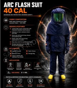 40 Cal Arc Flash Suit complete arc flash PPE kit flame resistant electrical safety suit multi layer 520 GSM certified EN 11612 EN 11611 EN 1149 IEC 61482-1-1 with helmet face shield balaclava gloves