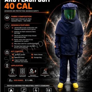 40 Cal Arc Flash Suit complete arc flash PPE kit flame resistant electrical safety suit multi layer 520 GSM certified EN 11612 EN 11611 EN 1149 IEC 61482-1-1 with helmet face shield balaclava gloves
