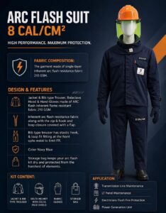 8 cal/cm2 arc flash suit with jacket bib trouser balaclava hood face shield helmet and gloves flame resistant electrical safety PPE for LT panel maintenance and power plant work