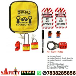 Yellow lockout tagout kit with padlocks, plug lockout, MCB lockout and safety tags for electrical maintenance