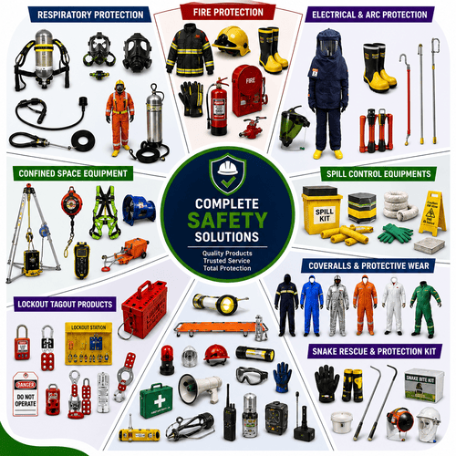 Complete industrial safety solutions infographic featuring respiratory protection, fire protection, arc flash PPE, spill control kits, confined space equipment, lockout tagout products, coveralls, rescue kits and industrial safety equipment.