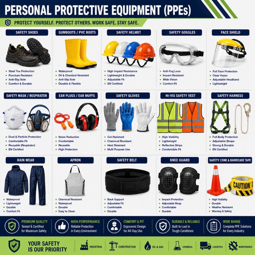 Industrial personal protective equipment banner featuring safety shoes, gumboots, safety helmets, safety goggles, face shields, respirator masks, ear plugs, safety gloves, reflective safety jackets, safety harnesses, rainwear, aprons, knee guards, and industrial PPE safety products.