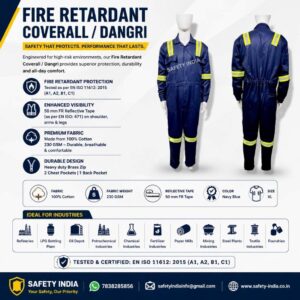 Fire Retardant Coverall Dangri in navy blue with reflective tape, EN ISO 11612 certified industrial FR safety suit for refineries, petrochemical and chemical industries.