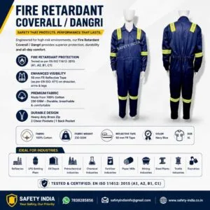 Fire Retardant Coverall Dangri in navy blue with reflective tape, EN ISO 11612 certified industrial FR safety suit for refineries, petrochemical and chemical industries.