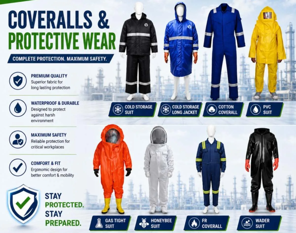 PPE Safety Shop India, Industrial coveralls and protective wear collection featuring cold storage suit, cold storage long jacket, cotton coverall, PVC suit, gas tight suit, honeybee suit, FR coverall, and wader suit displayed in an industrial safety environment for workplace protection applications.