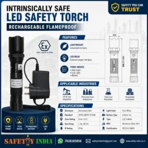 PESO & CIMFR Certified Intrinsically Safe Rechargeable LED Safety Torch with charger, flameproof explosion proof flashlight for hazardous oil, gas and chemical industries, IP66 rated aluminium body torch.