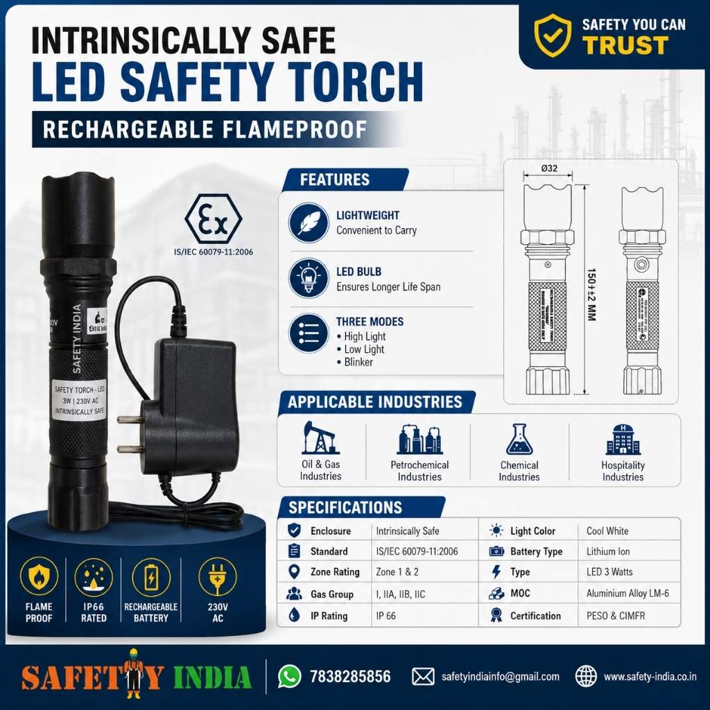 PESO & CIMFR Certified Intrinsically Safe Rechargeable LED Safety Torch with charger, flameproof explosion proof flashlight for hazardous oil, gas and chemical industries, IP66 rated aluminium body torch.