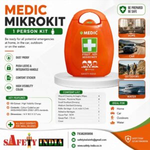 MEDIC Mikrokit portable first aid box for 1 person with emergency medical supplies for home, office, car, travel, and outdoor safety use.