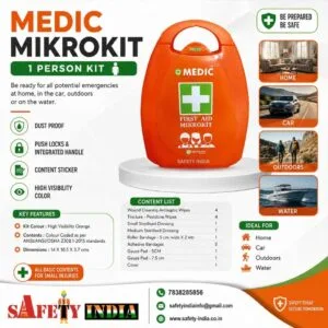 MEDIC Mikrokit portable first aid box for 1 person with emergency medical supplies for home, office, car, travel, and outdoor safety use.