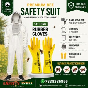 Safety India Bee Keeping Safety Suit with Long Rubber Gloves, 100% Cotton Beekeeper Protective Dress with Removable Bee Cap for Anti Bee Sting Protection